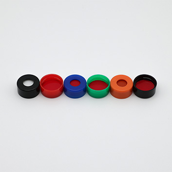 Six ptfe lined caps of different colors.