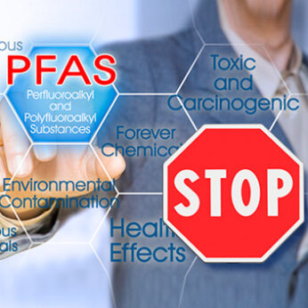 A stop sign over the chemical compound of PFAS showing PFAS regulations