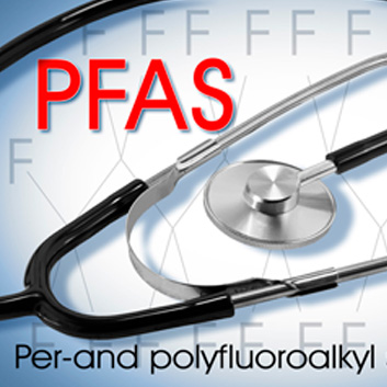 A PFAS health and safety graphic with a stethescope