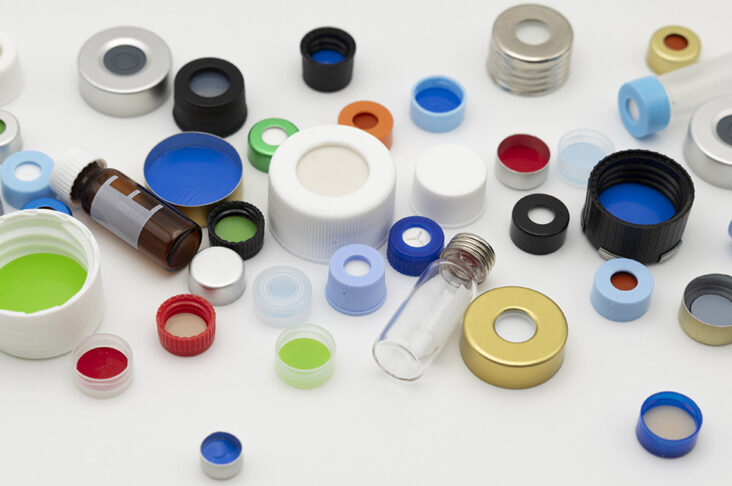 Assorted ILT bottle caps, cap liners, septa, and laboratory vials