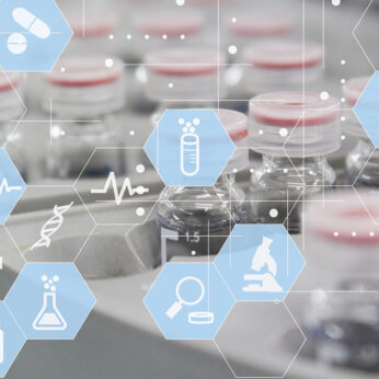 Pharmaceutical laboratory vials with analytical icons