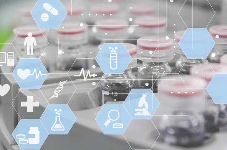 Pharmaceutical laboratory vials with analytical icons
