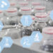 Pharmaceutical laboratory vials with analytical icons