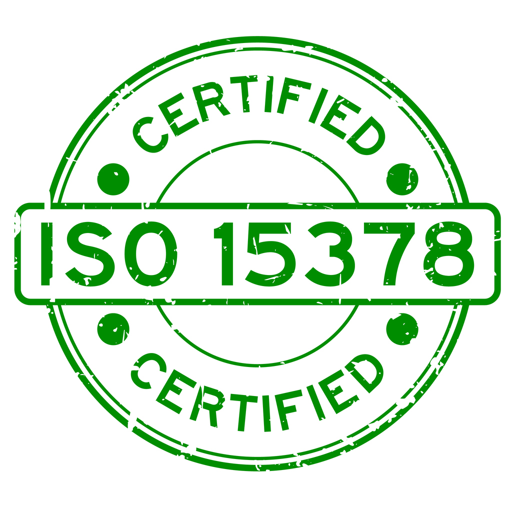 Grunge green ISO 15378 certified word round rubber seal stamp on white background